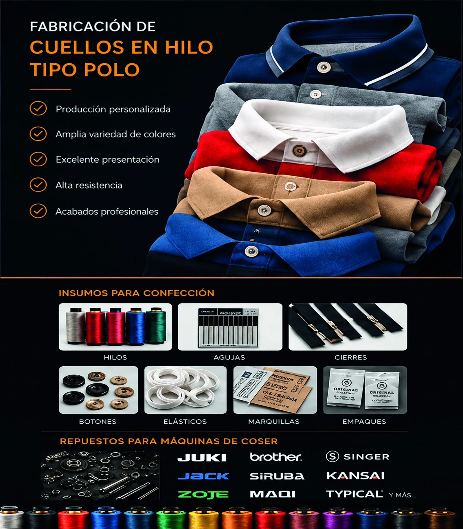 Insumos, cuellos tipo polo y marcas para máquinas de coser